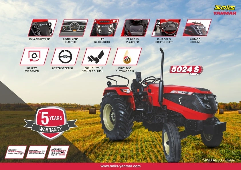 Solis 5024 S 2WD tractor, red and black, with 5-year warranty in a field.
